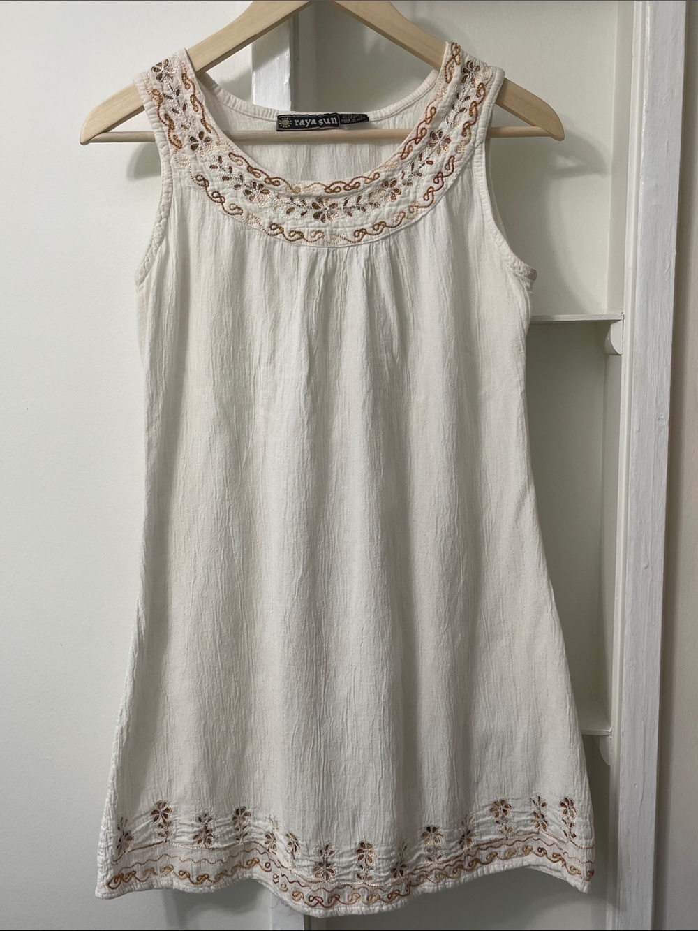 Raya Sun White Crinkle Linen Cotton Boho Embroidered Mini Dress Coverup Size M - Picture 13 of 16